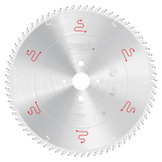 Silver circular saw blade with white center hole and teeth around the perimeter, Freud branding and red markings visible.