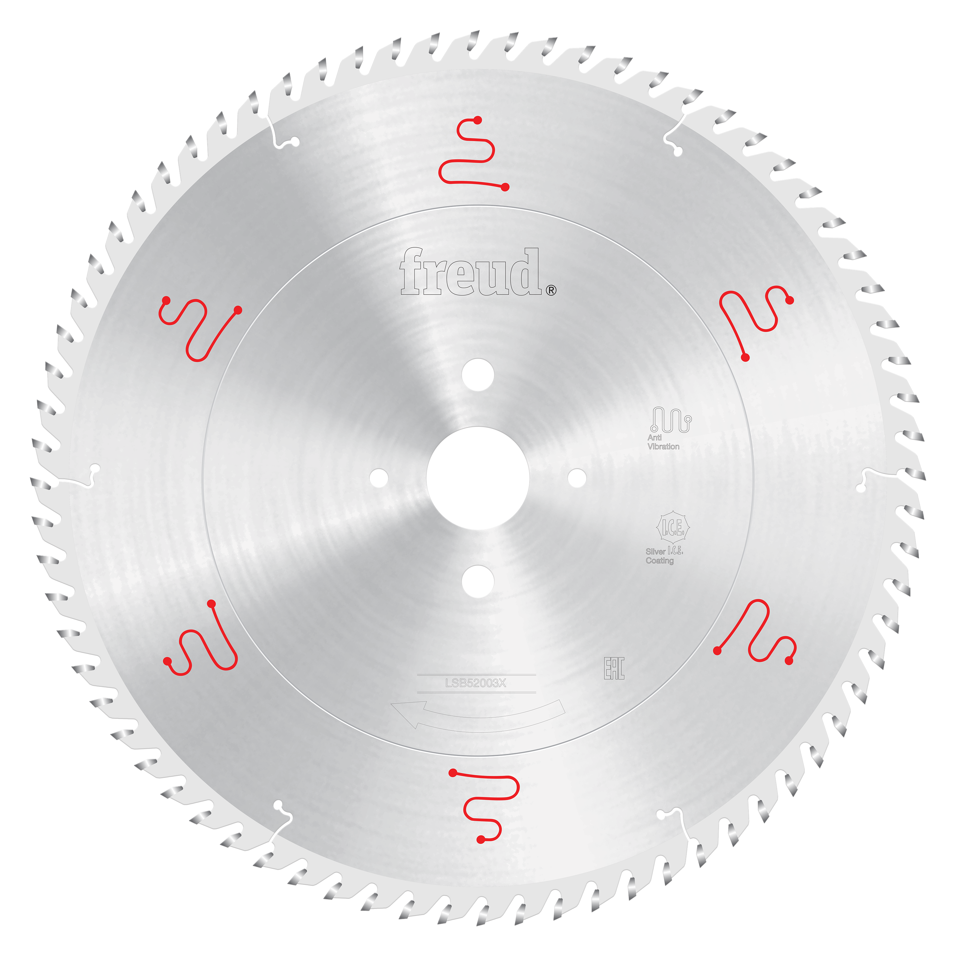Silver circular saw blade with white center hole and teeth around the perimeter, Freud branding and red markings visible.