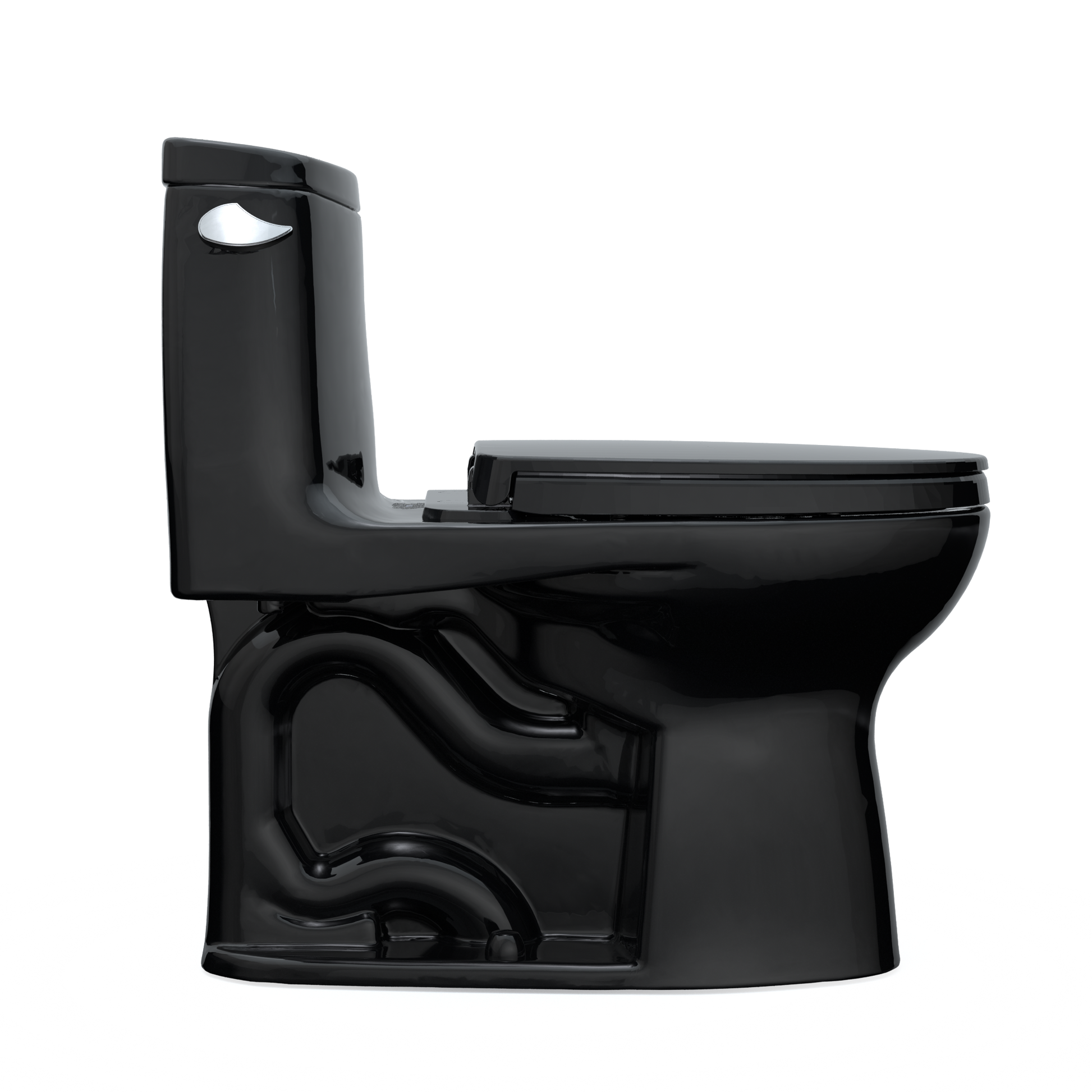 Ebony one-piece elongated toilet with soft-close seat and curved tank design.