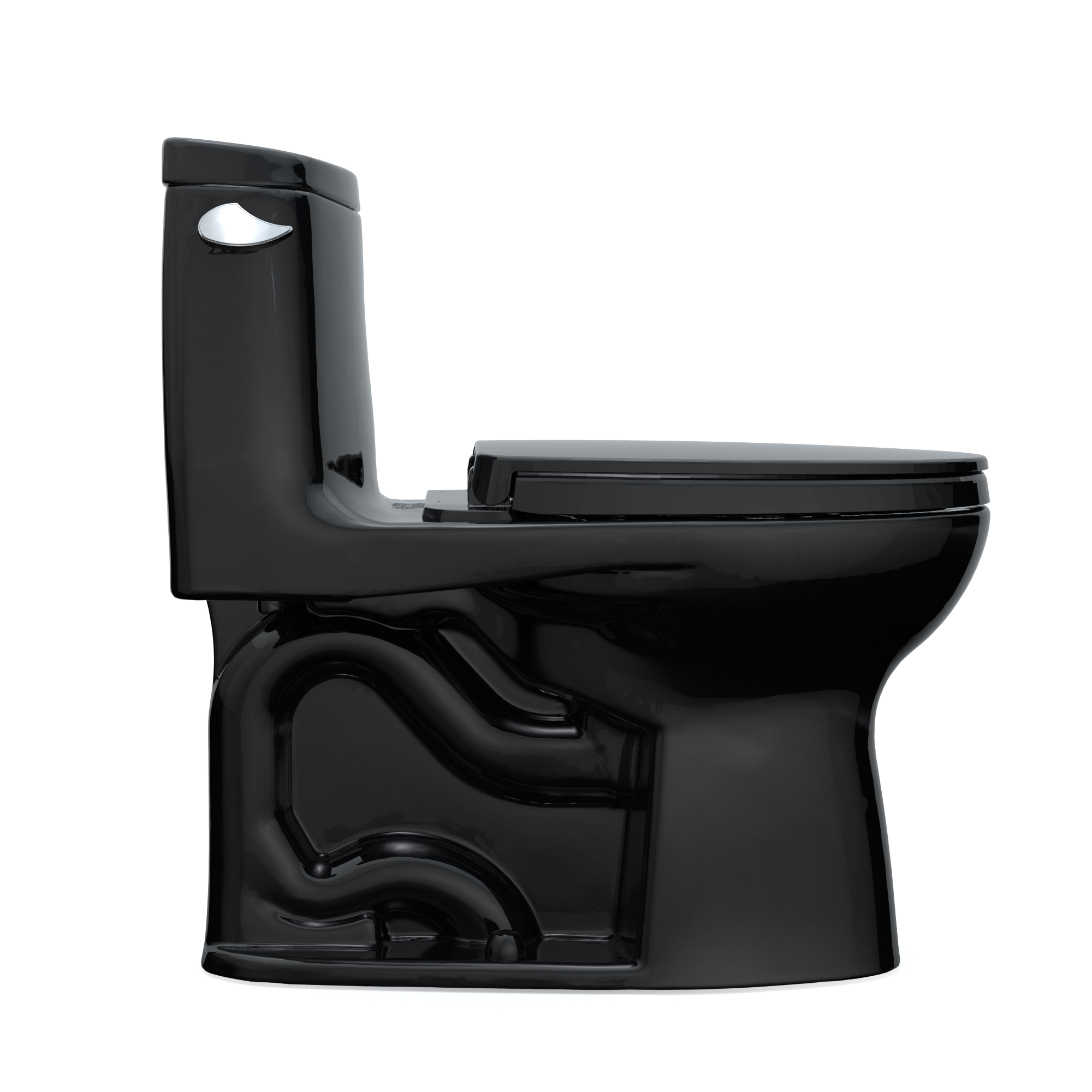 Ebony one-piece elongated toilet with soft-close seat and curved tank design.