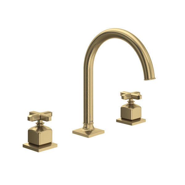 Antique gold three-piece bathroom faucet with curved C-spout and cross handles on square bases.