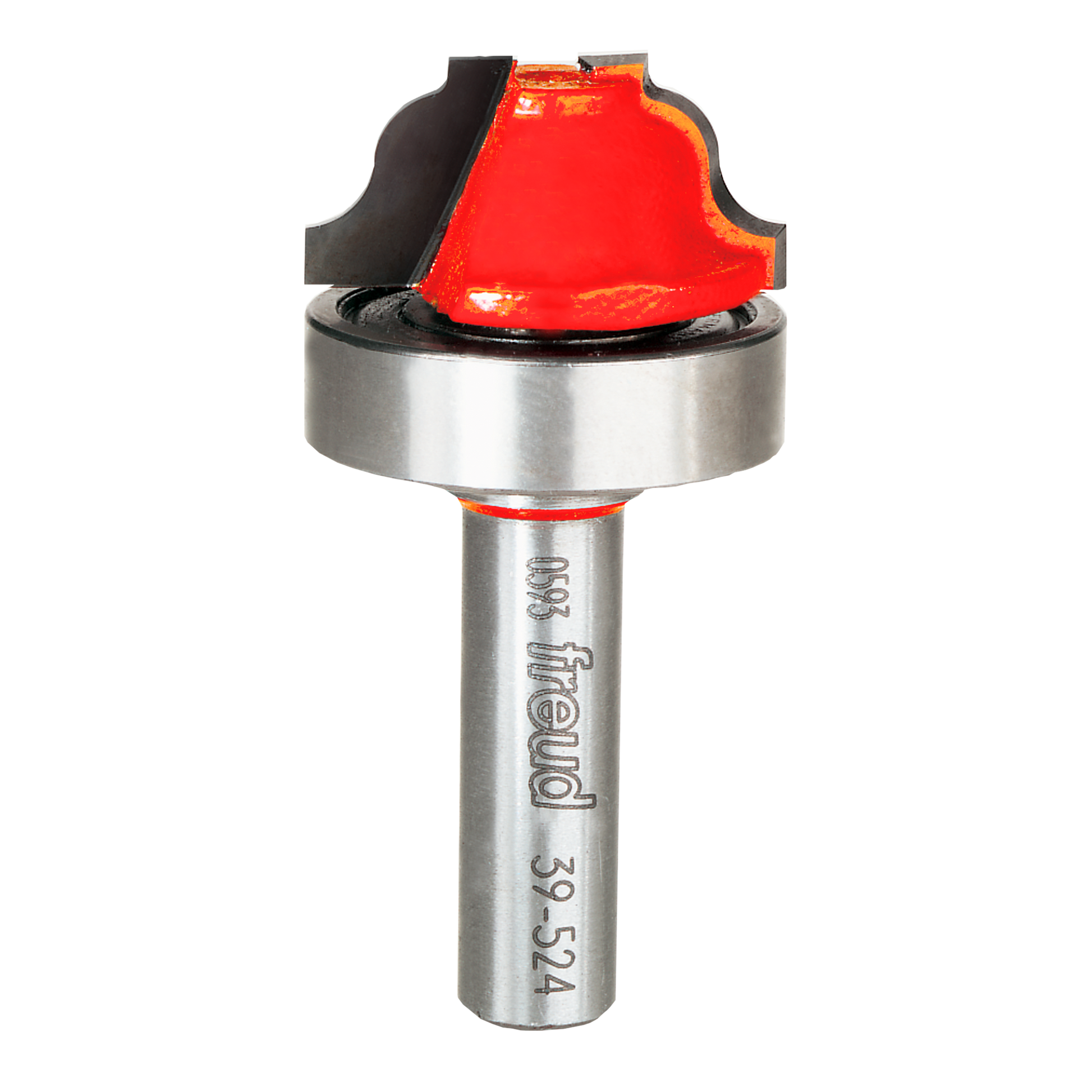 Freud router bit with red ogee groove cutting head, silver shank, and bearing guide.