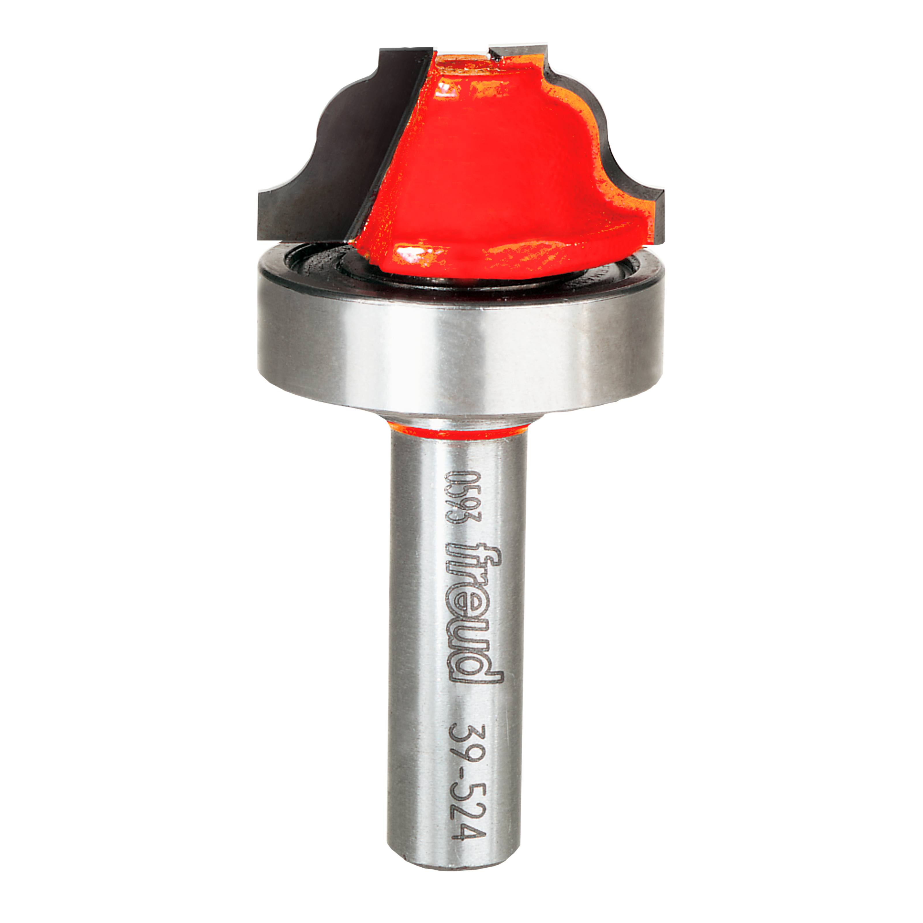Freud router bit with red ogee groove cutting head, silver shank, and bearing guide.