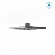Square brushed nickel shower head with center inlet and spray holes across flat surface.