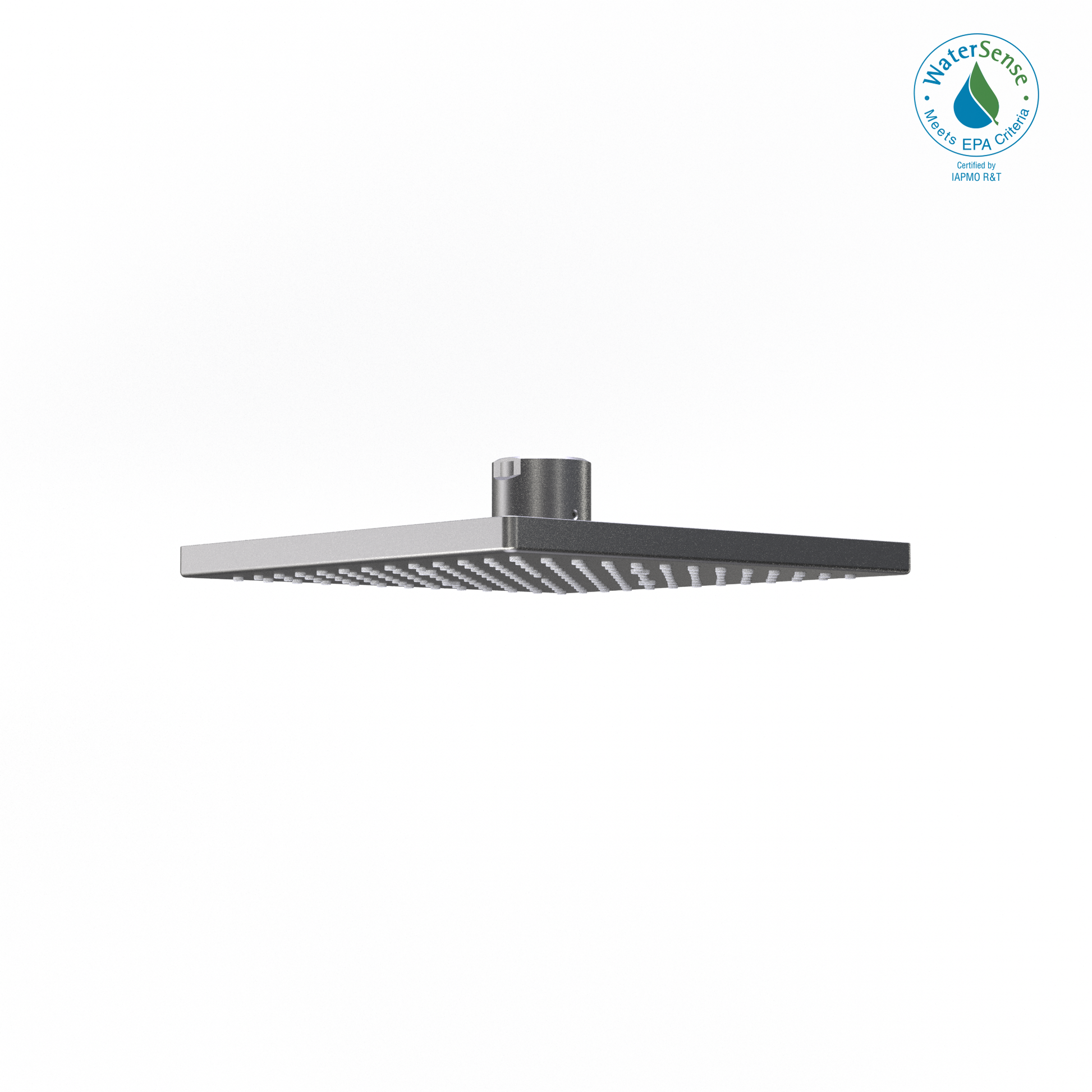 Square brushed nickel shower head with center inlet and spray holes across flat surface.