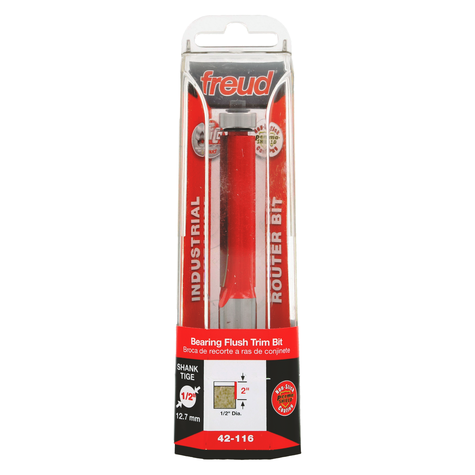 Freud bearing flush trim bit with red body, 1/2" diameter, in clear plastic packaging with product specifications displayed.