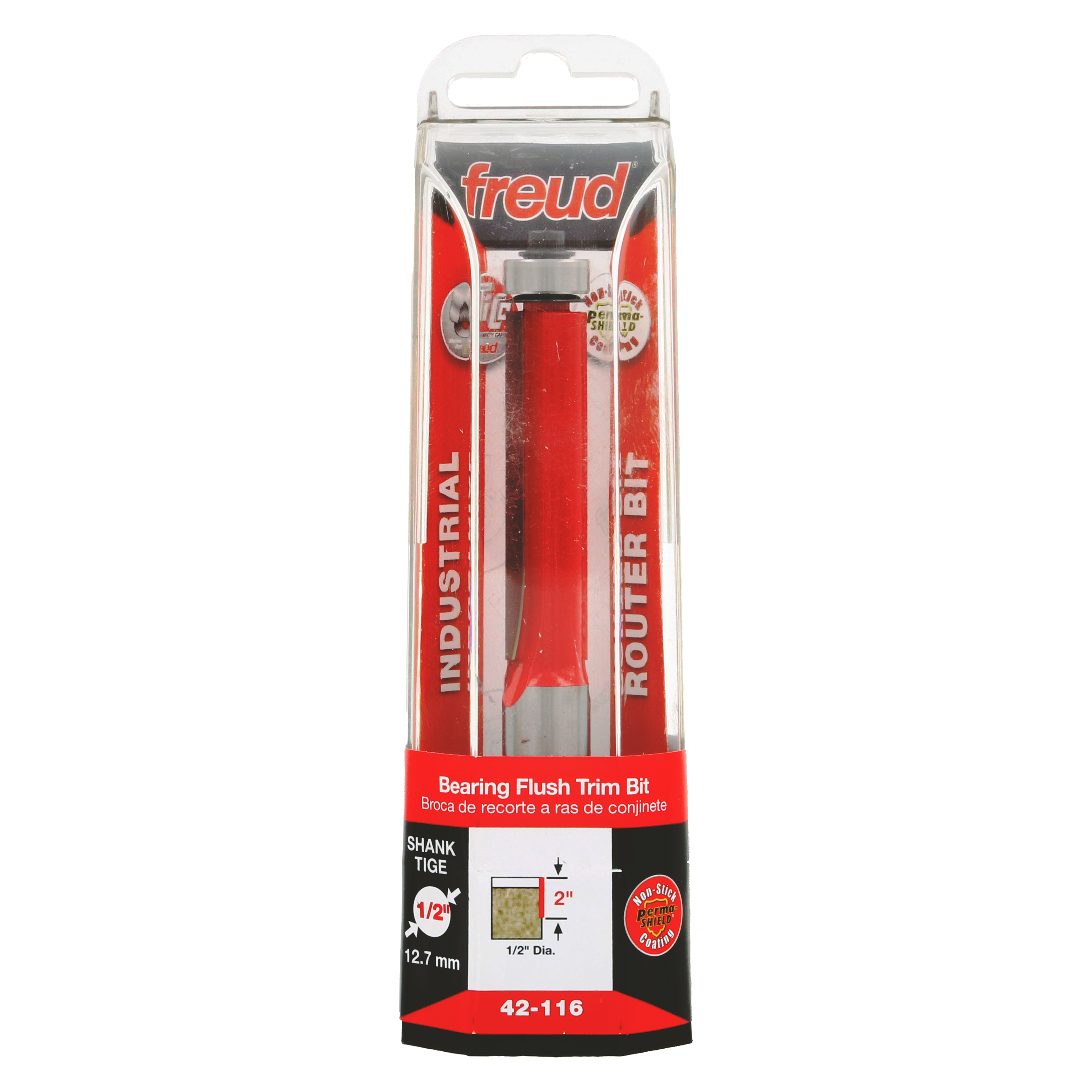 Freud bearing flush trim bit with red body, 1/2" diameter, in clear plastic packaging with product specifications displayed.