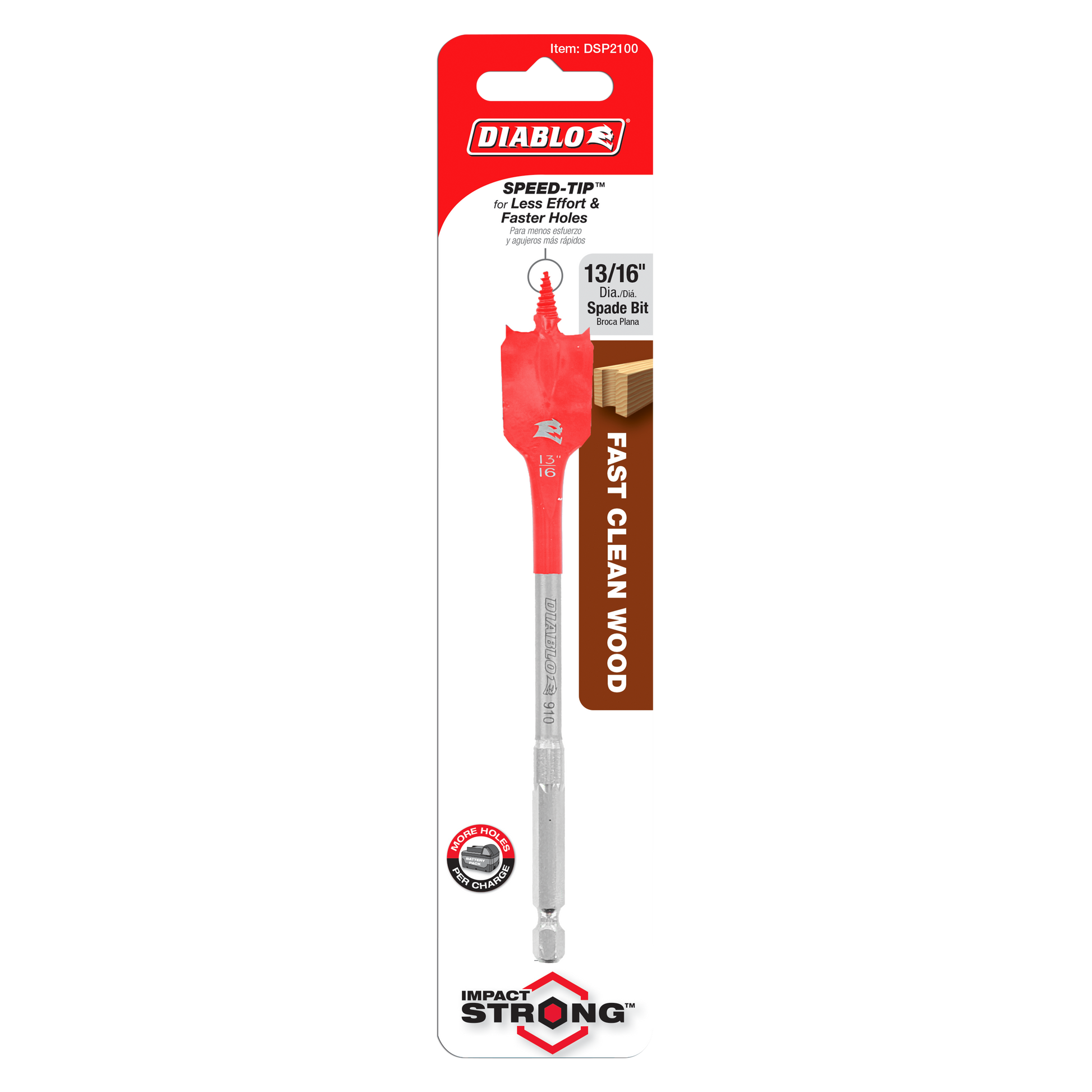 Red and gray Diablo DSP2100 spade bit with 13/16 inch diameter head on packaging card.