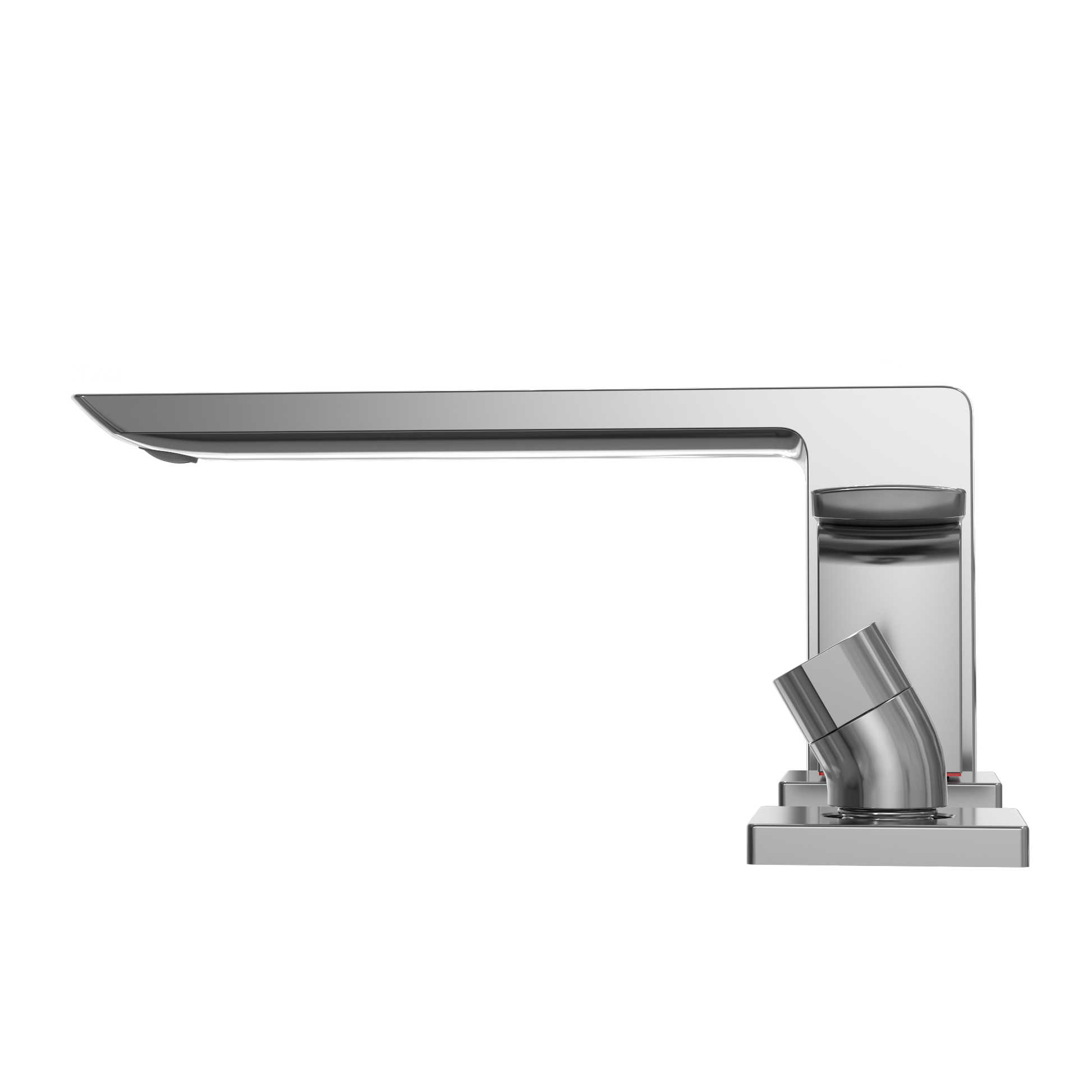 Polished chrome two-handle deck-mount roman tub filler with curved spout and detachable handshower.