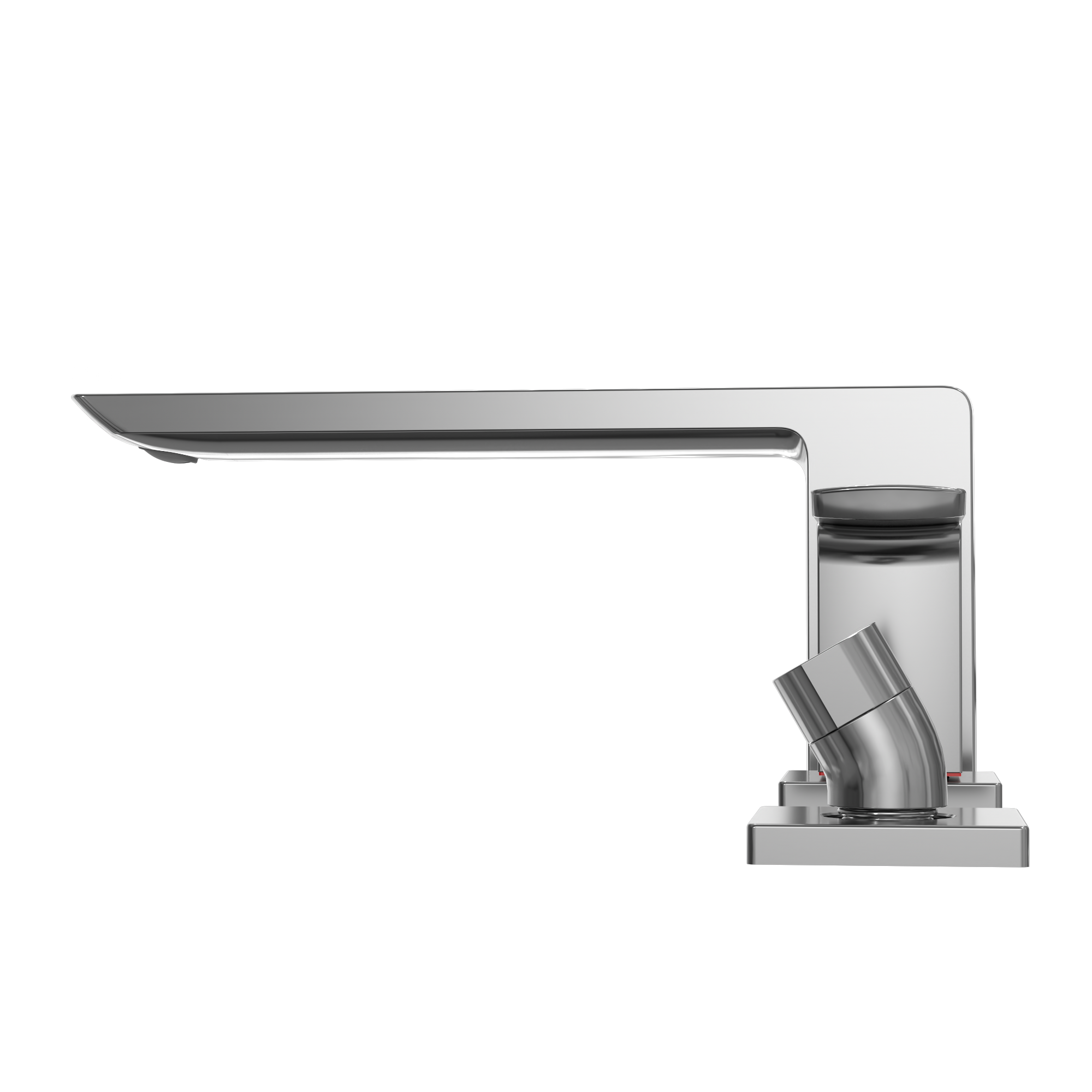 Polished chrome two-handle deck-mount roman tub filler with curved spout and detachable handshower.