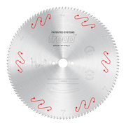 Freud LU5B21 circular saw blade with fine teeth and red wavy markings around the edge, white center hole, made in Italy.