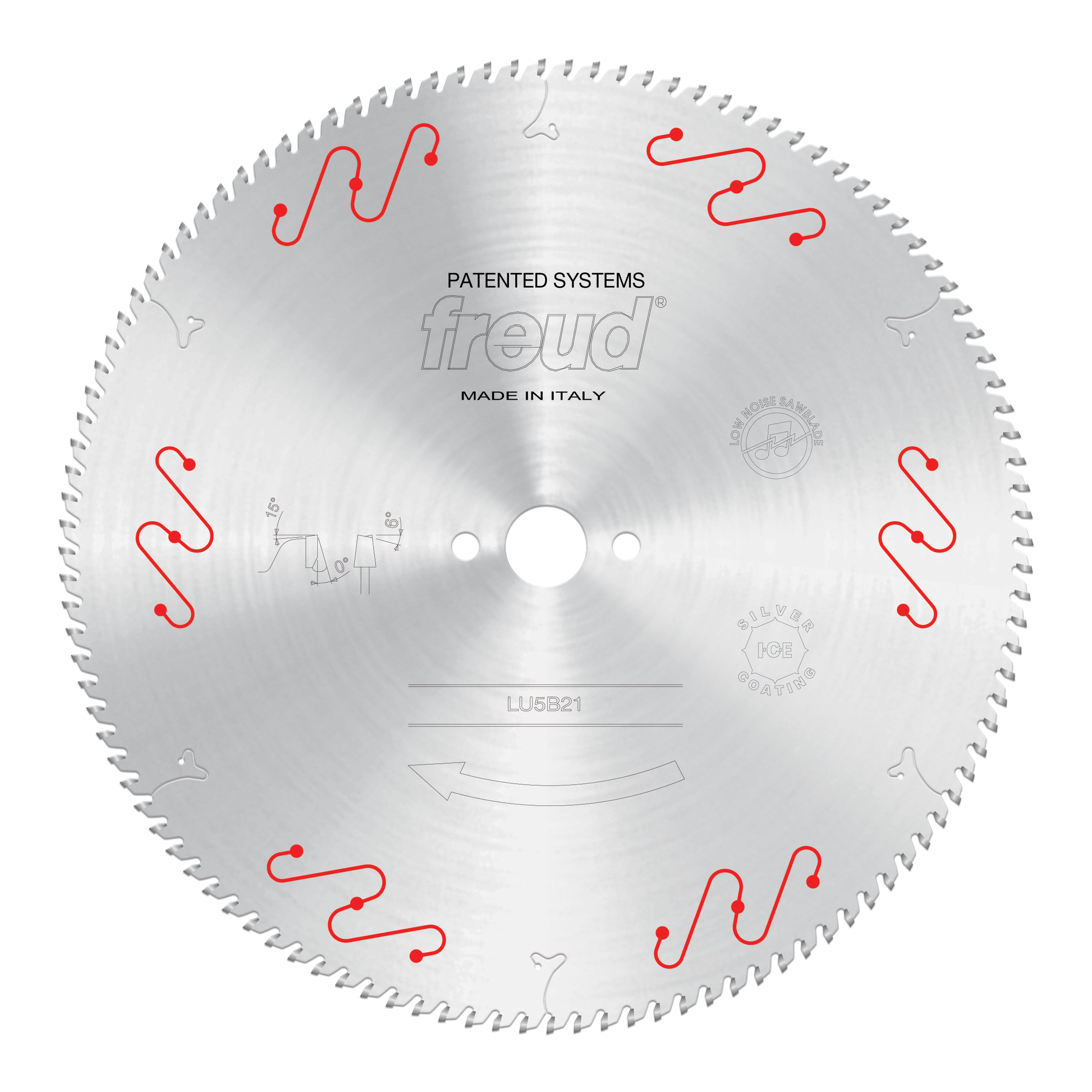 Freud LU5B21 circular saw blade with fine teeth and red wavy markings around the edge, white center hole, made in Italy.