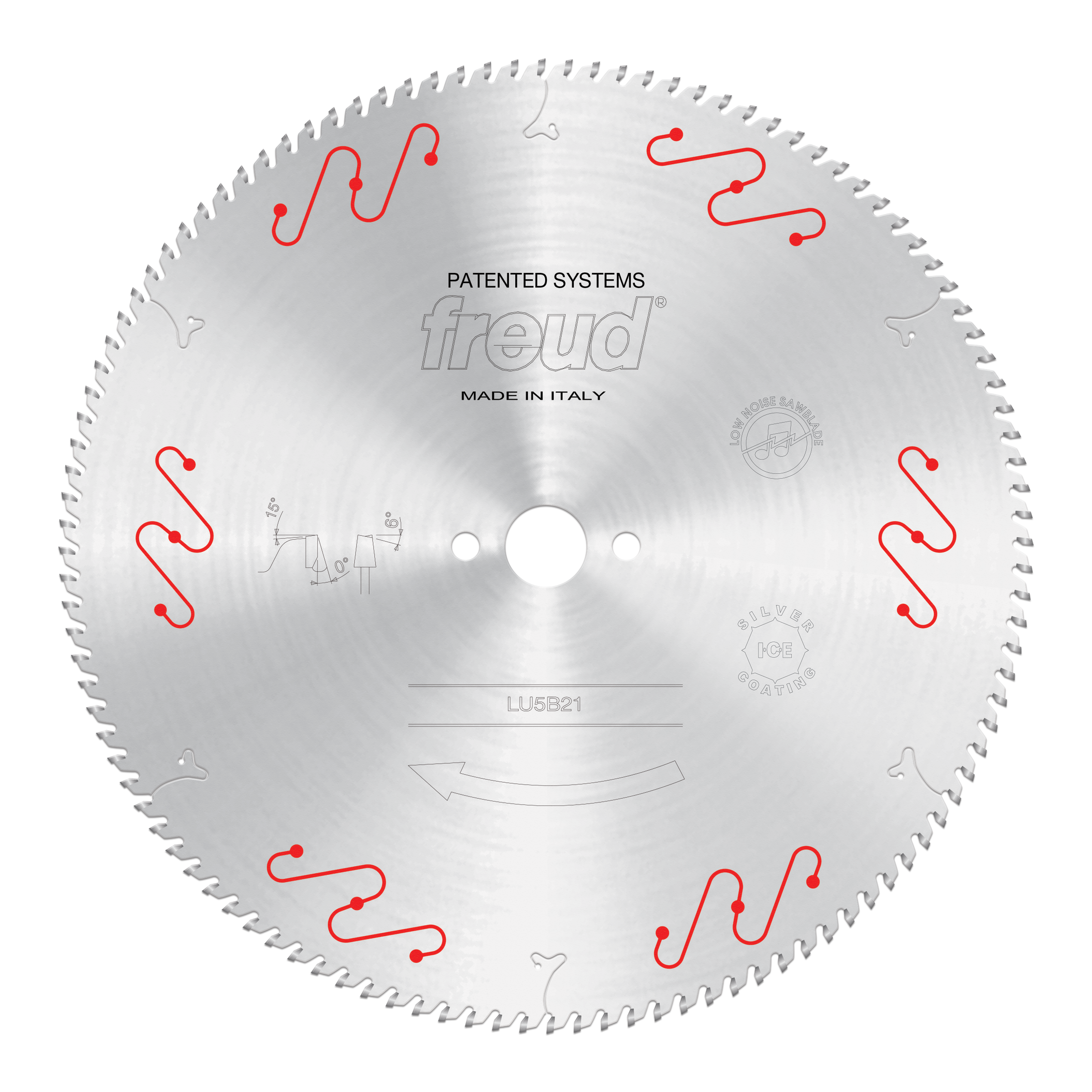 Freud LU5B21 circular saw blade with fine teeth and red wavy markings around the edge, white center hole, made in Italy.