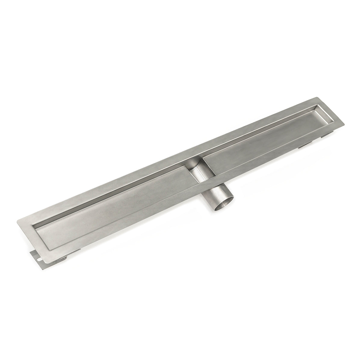Satin stainless steel linear drain channel with rectangular trough design and outlet ports.