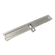 Satin stainless steel linear drain channel with rectangular trough and side outlet ports.