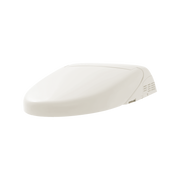 Elongated beige bidet toilet seat with curved top and control panel on right side.