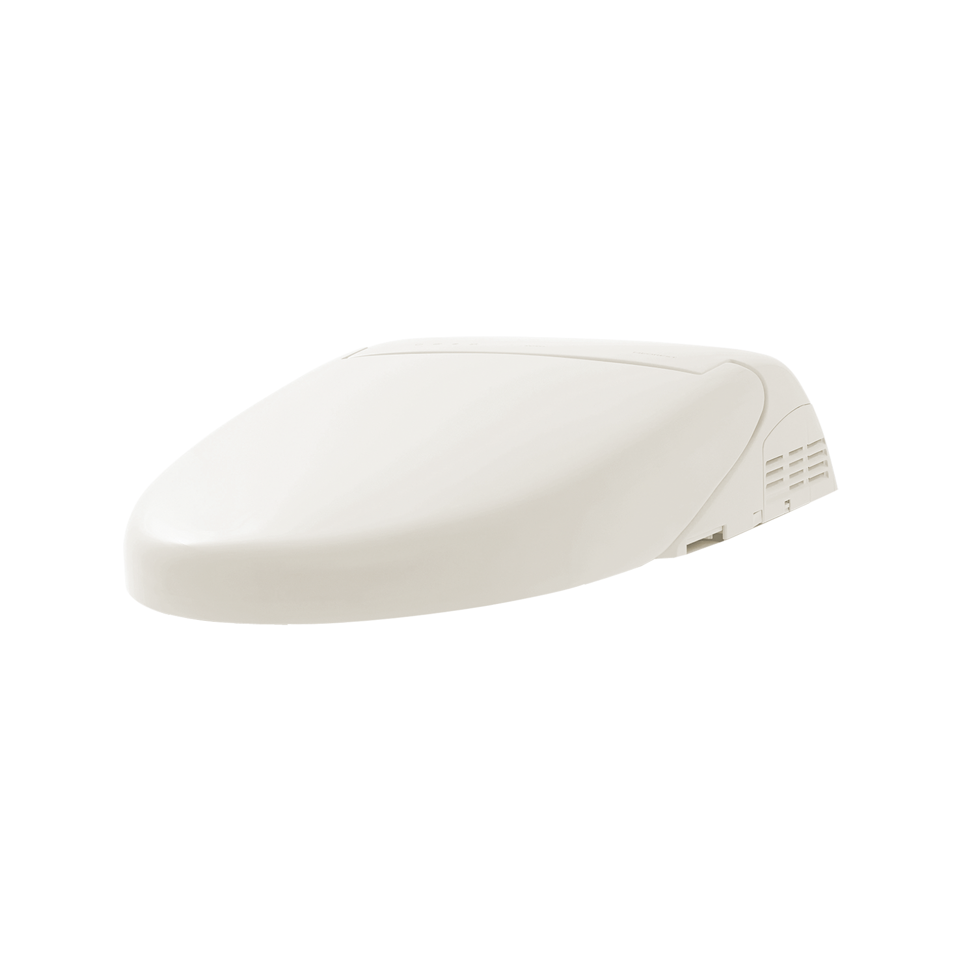 Elongated beige bidet toilet seat with curved top and control panel on right side.