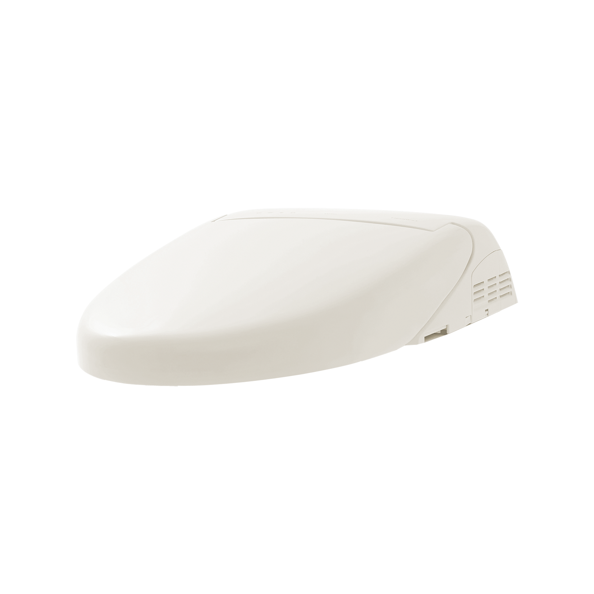 Elongated beige bidet toilet seat with curved top and control panel on right side.