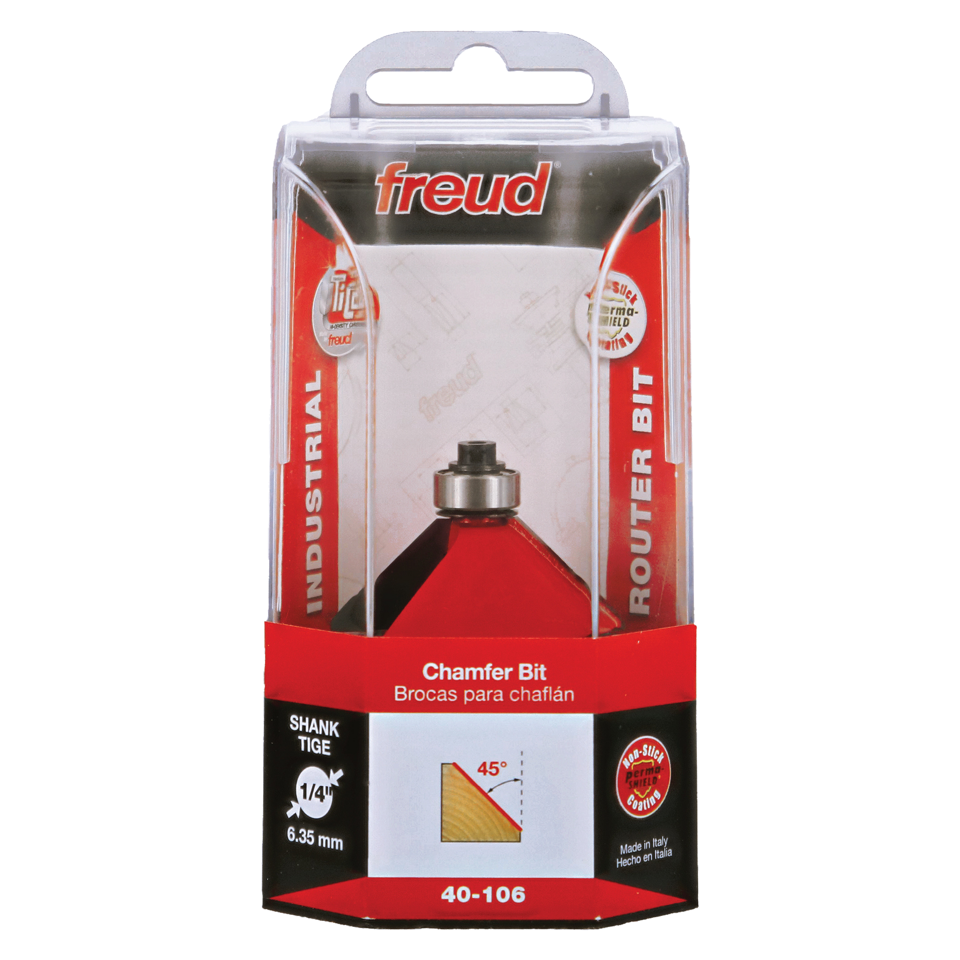 Freud 40-106 chamfer bit with red cutting head and 1/4" shank in clear plastic package.