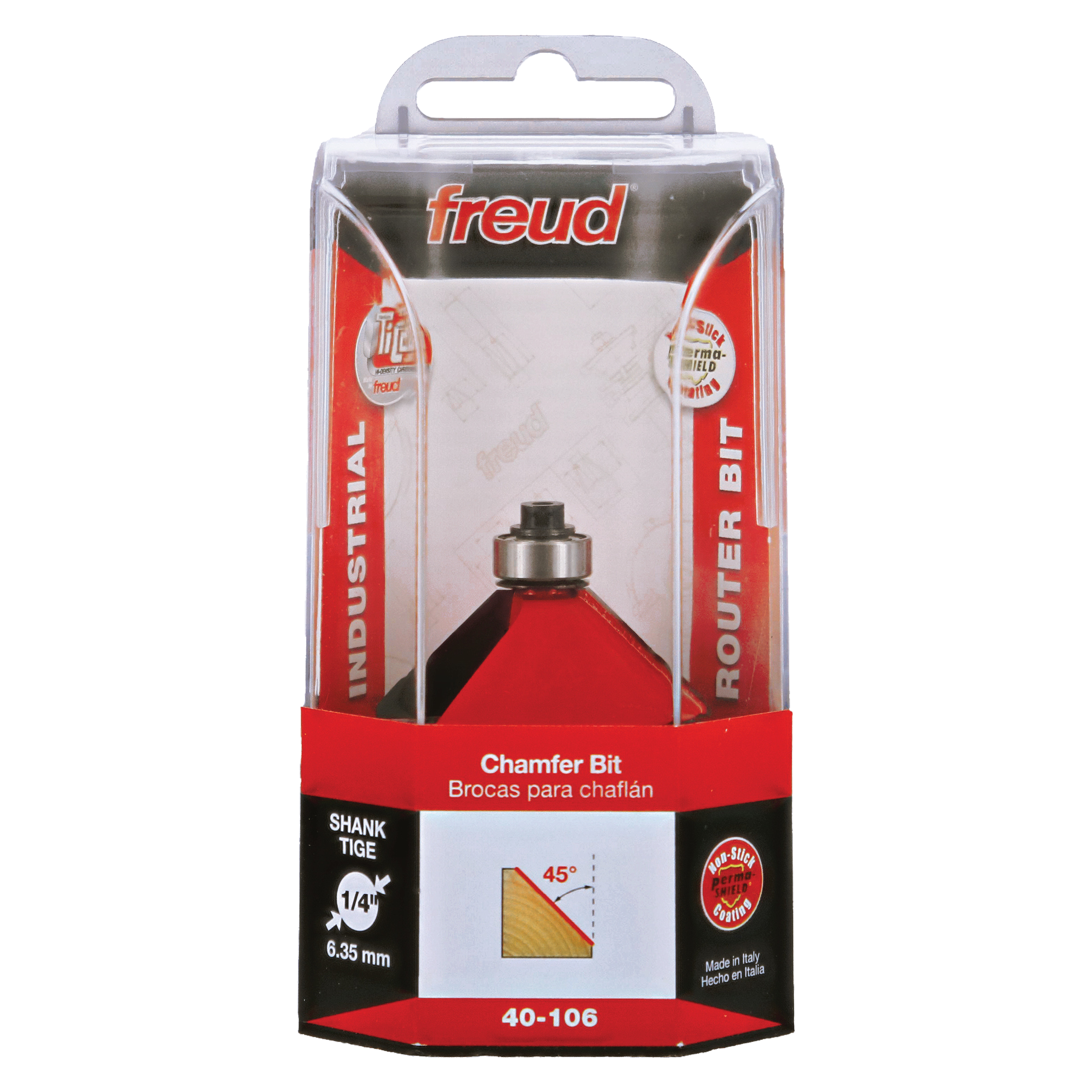 Freud 40-106 chamfer bit with red cutting head and 1/4" shank in clear plastic package.