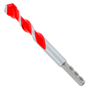 Red and gray carbide-tipped hammer drill bit with twisted flutes and SDS-plus shank.