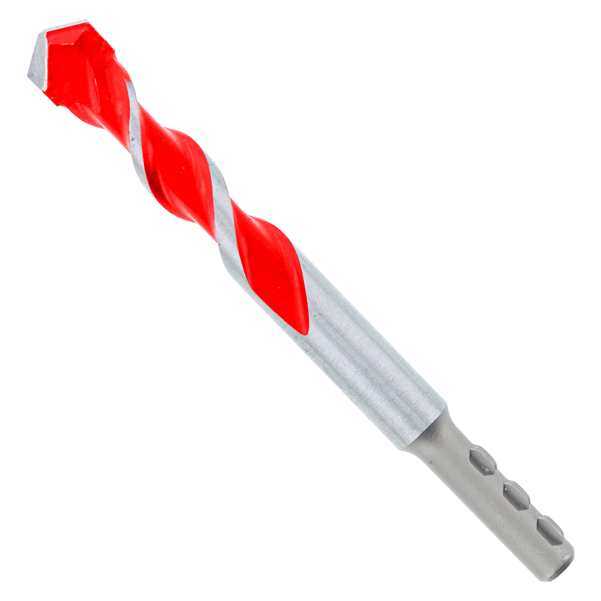 Red and gray carbide-tipped hammer drill bit with twisted flutes and SDS-plus shank.