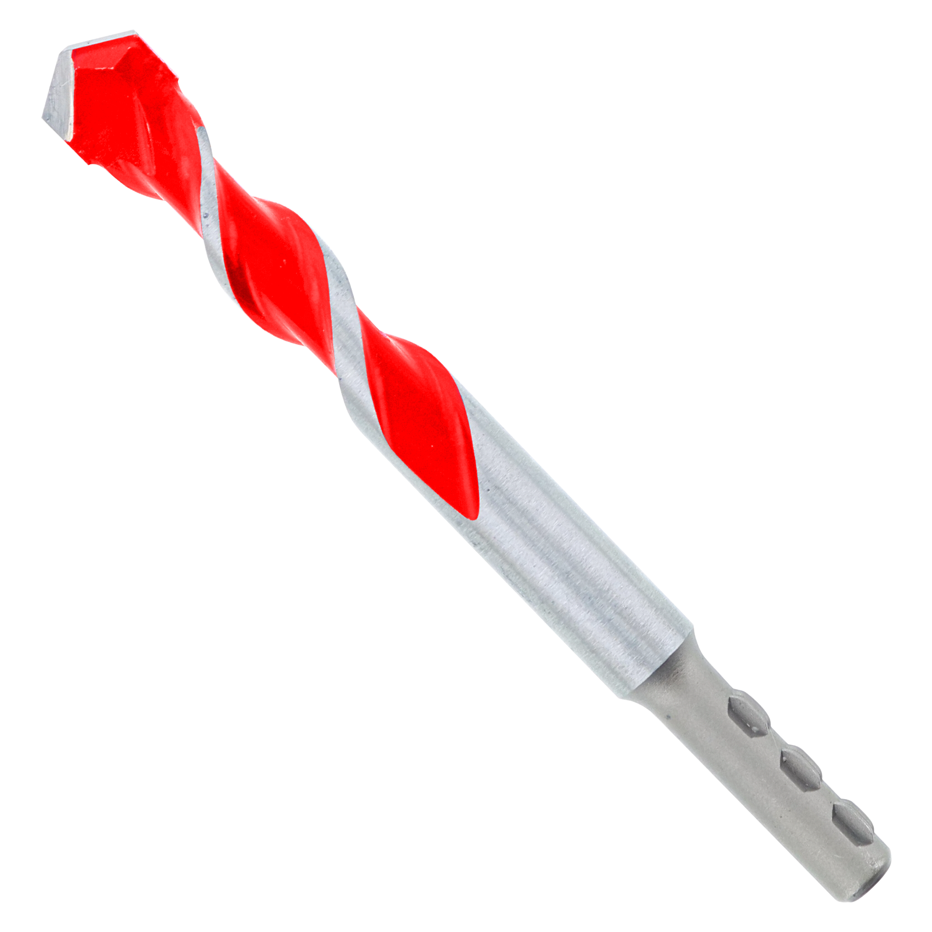 Red and gray carbide-tipped hammer drill bit with twisted flutes and SDS-plus shank.