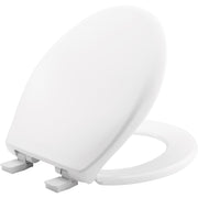 Cotton white round plastic toilet seat with metal hinges and rubber bumpers.