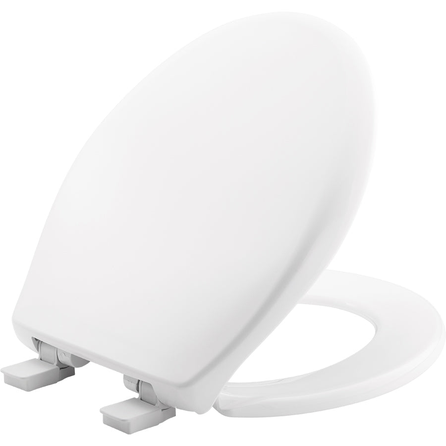 Cotton white round plastic toilet seat with metal hinges and rubber bumpers.