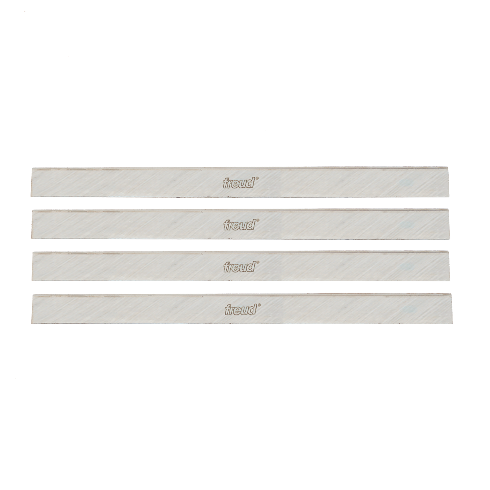 Four silver metal planer and jointer blades with Freud branding and diagonal texture pattern.
