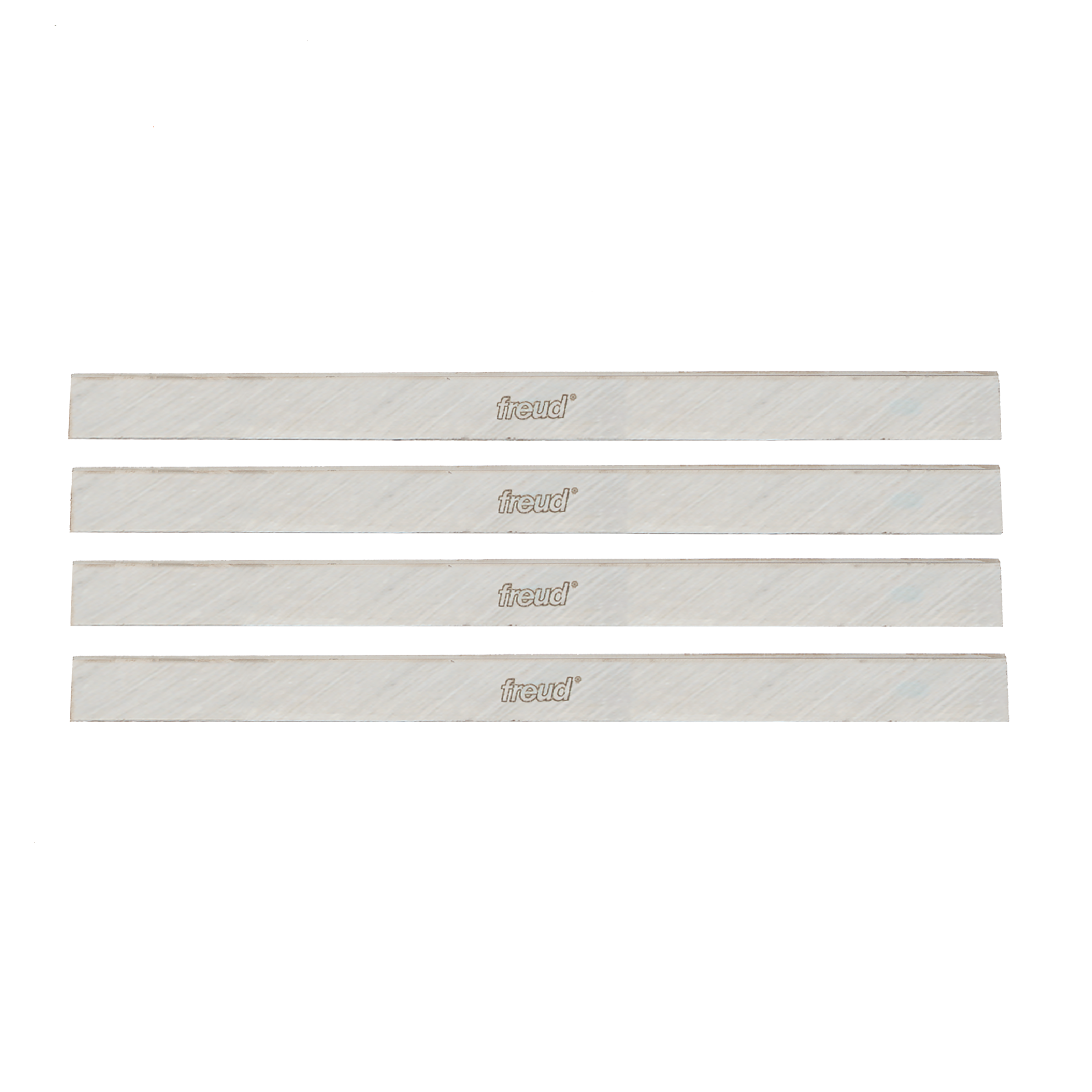Four silver metal planer and jointer blades with Freud branding and diagonal texture pattern.