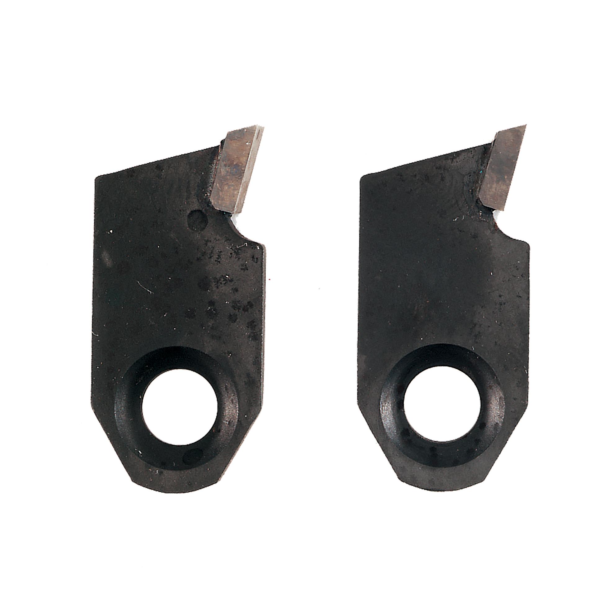Two black metal groover knives with rectangular cutting edges and circular mounting holes.