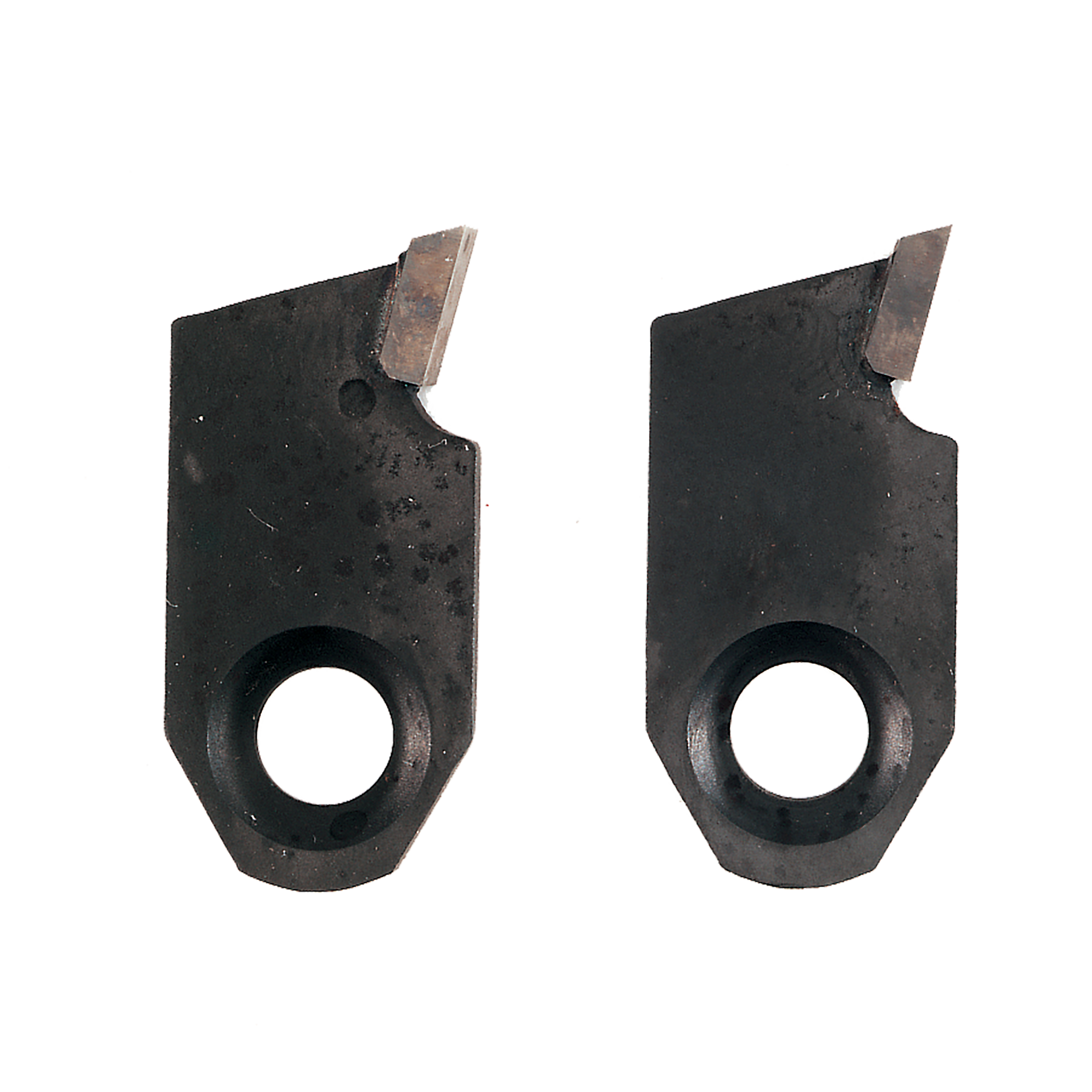 Two black metal groover knives with rectangular cutting edges and circular mounting holes.