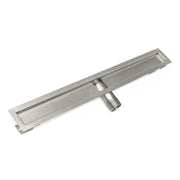 Satin stainless steel linear drain channel with rectangular trough and side outlet connection.