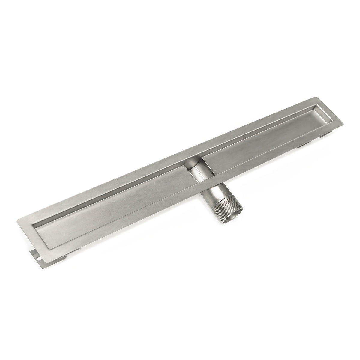 Satin stainless steel linear drain channel with rectangular trough and side outlet connection.