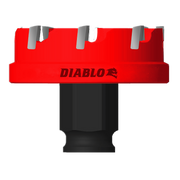 Red and black hole cutter with gray carbide teeth and Diablo branding on red housing.
