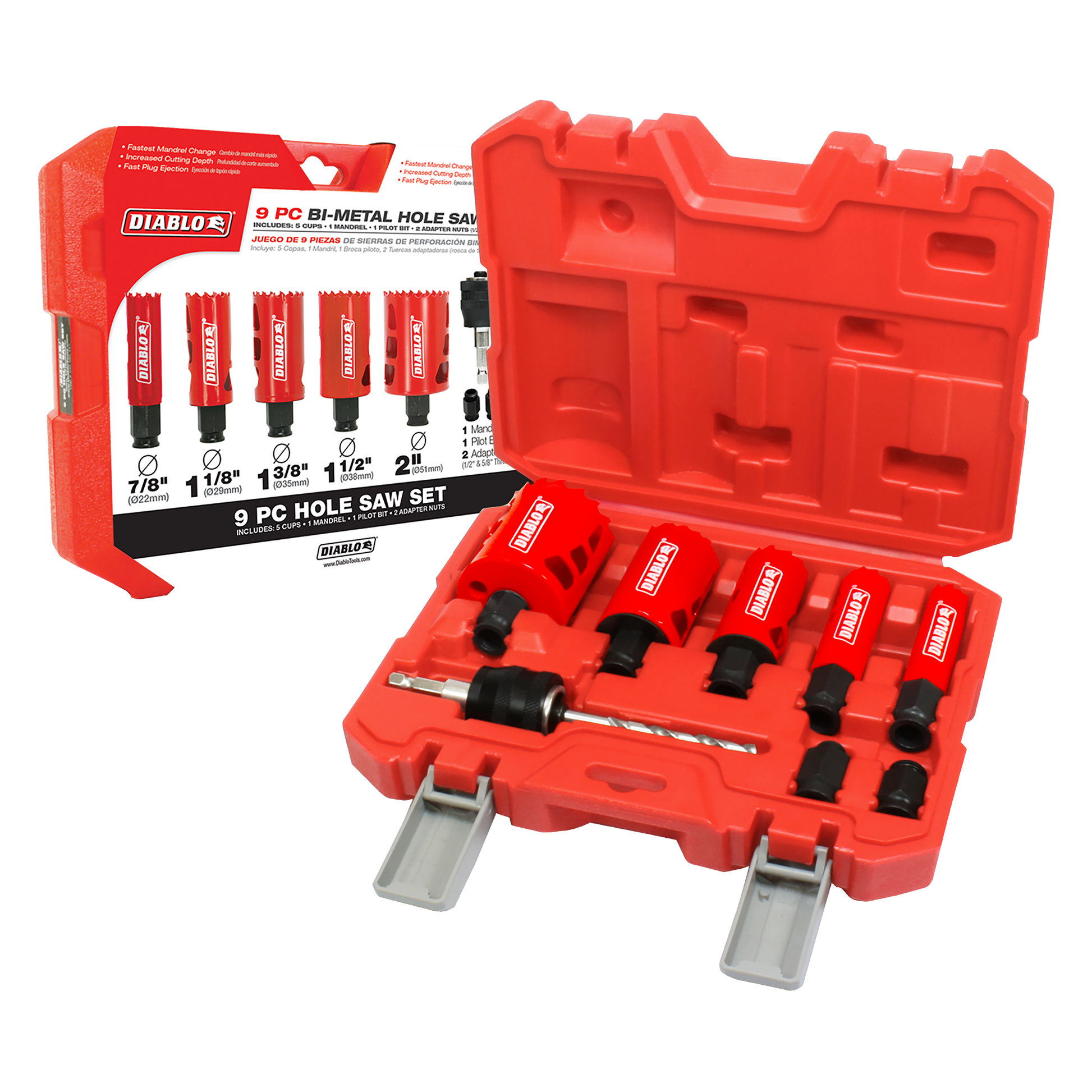 Nine bi-metal hole saws with black rubber grips and an arbor bit stored in a red plastic carrying case.