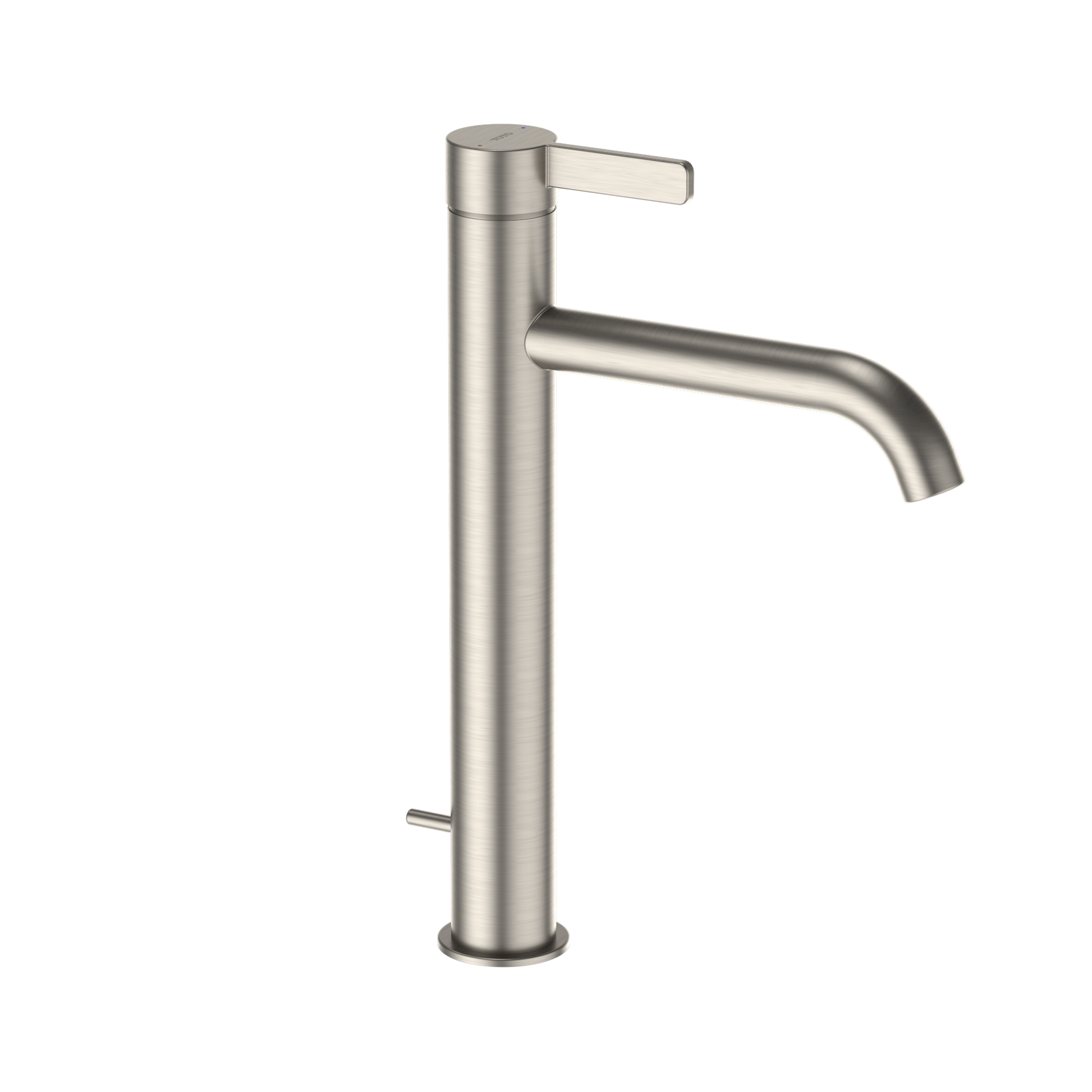 Brushed nickel single-handle vessel faucet with cylindrical spout and lever handle.