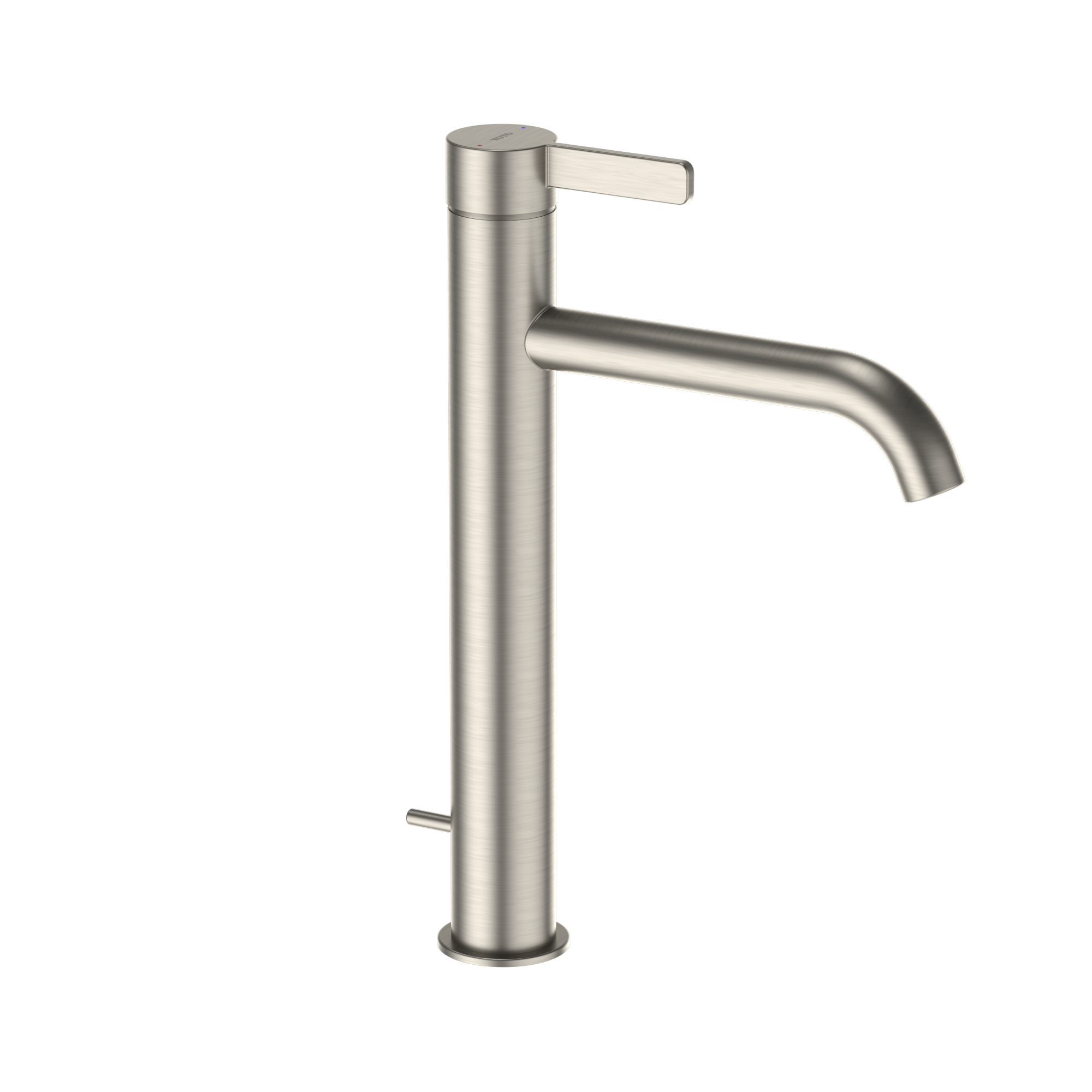 Brushed nickel single-handle vessel faucet with cylindrical spout and lever handle.