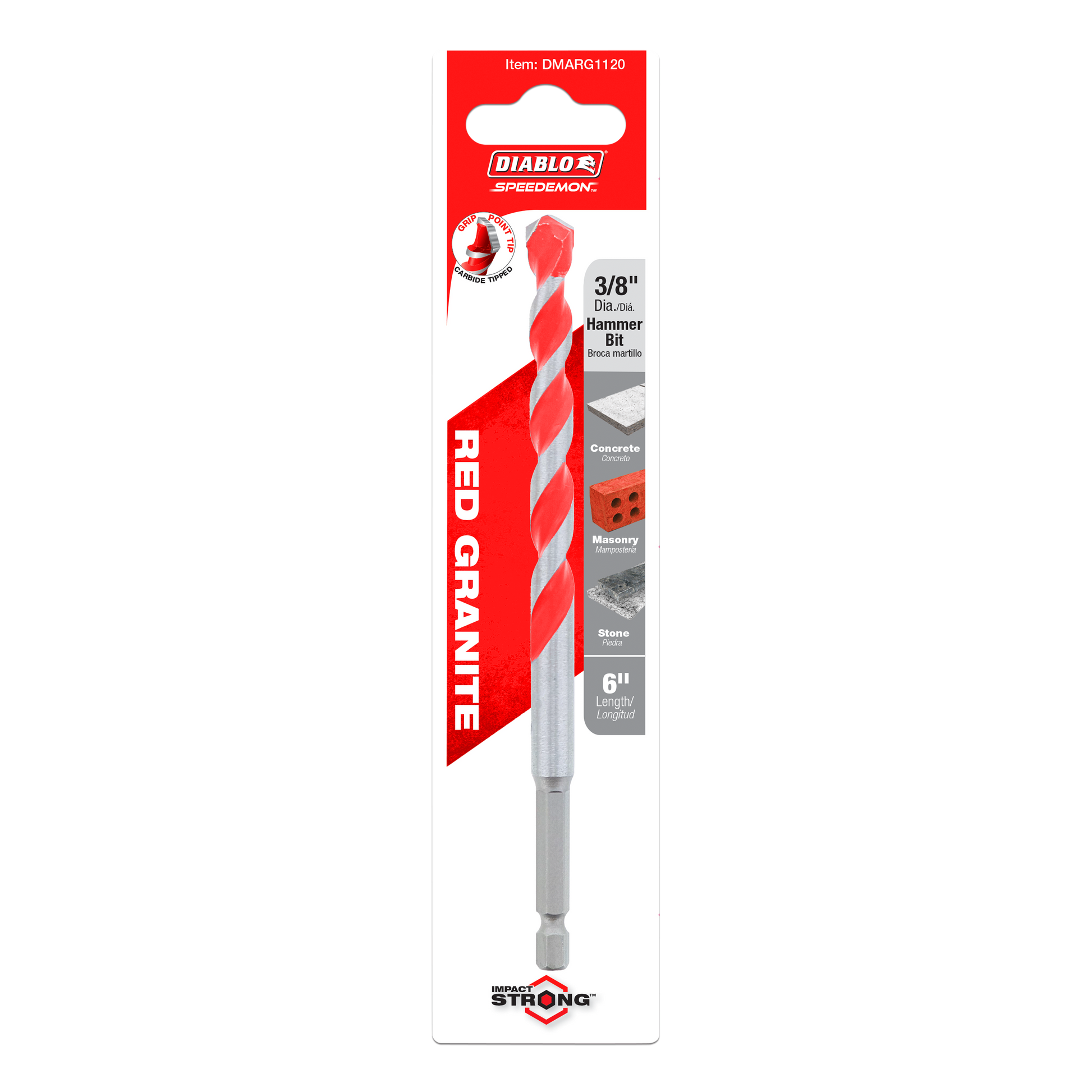 Diablo SPEEDemon 3/8 in. carbide-tipped hammer drill bit with red and gray spiral flutes on retail packaging.
