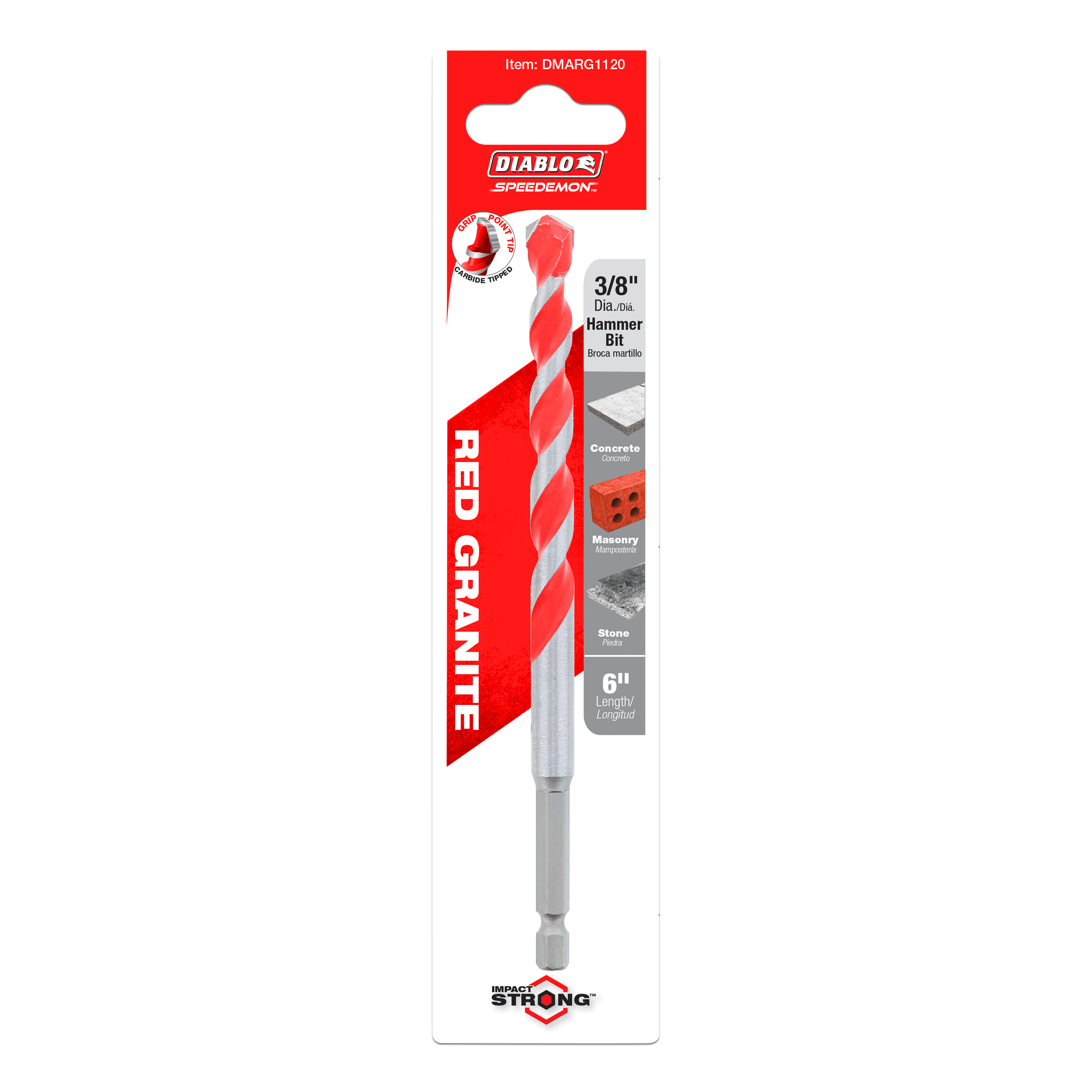Diablo SPEEDemon 3/8 in. carbide-tipped hammer drill bit with red and gray spiral flutes on retail packaging.