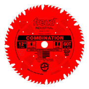 Red circular saw blade with 60 teeth, 12" diameter, combination blade, 1" arbor hole, labeled Freud Industrial.
