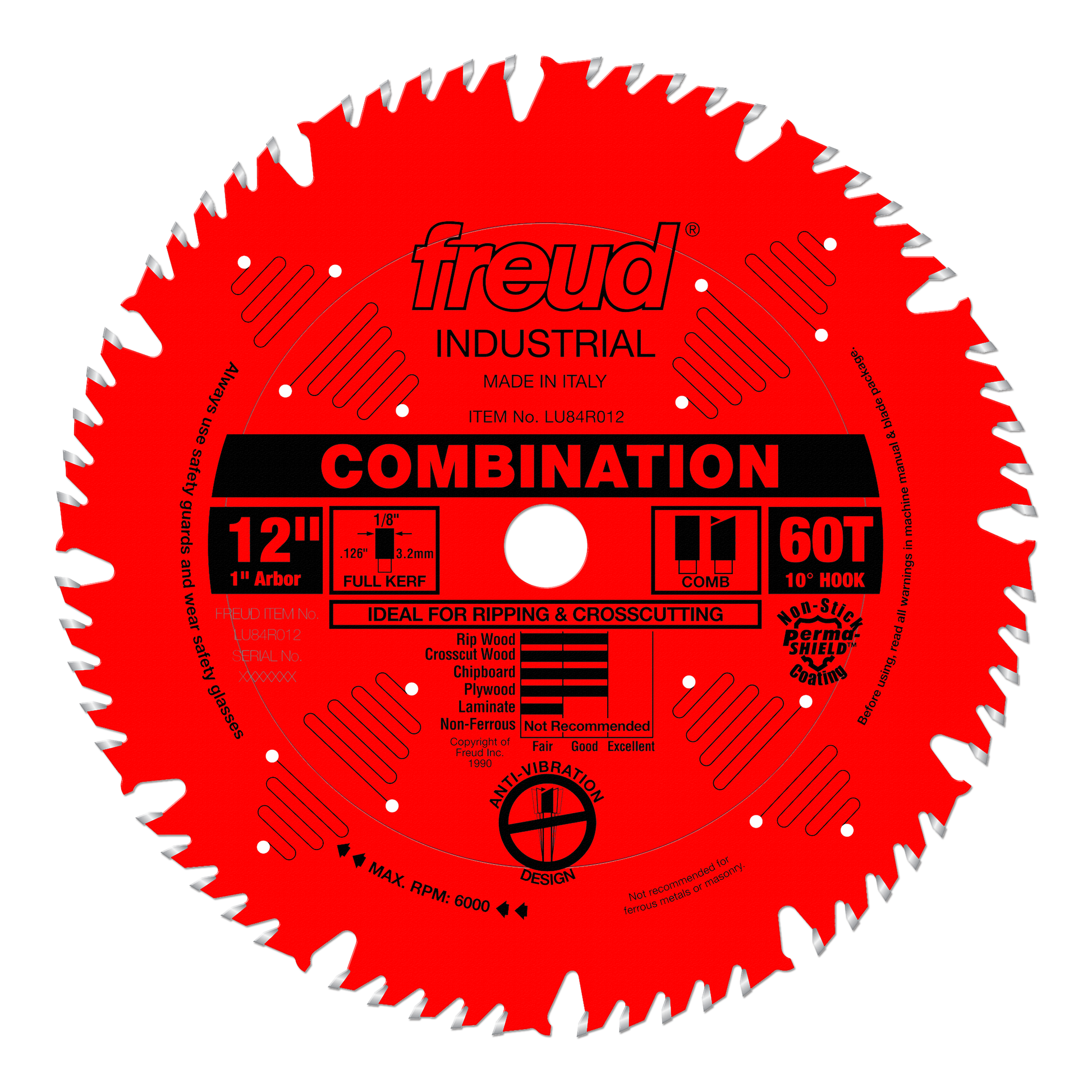 Red circular saw blade with 60 teeth, 12" diameter, combination blade, 1" arbor hole, labeled Freud Industrial.