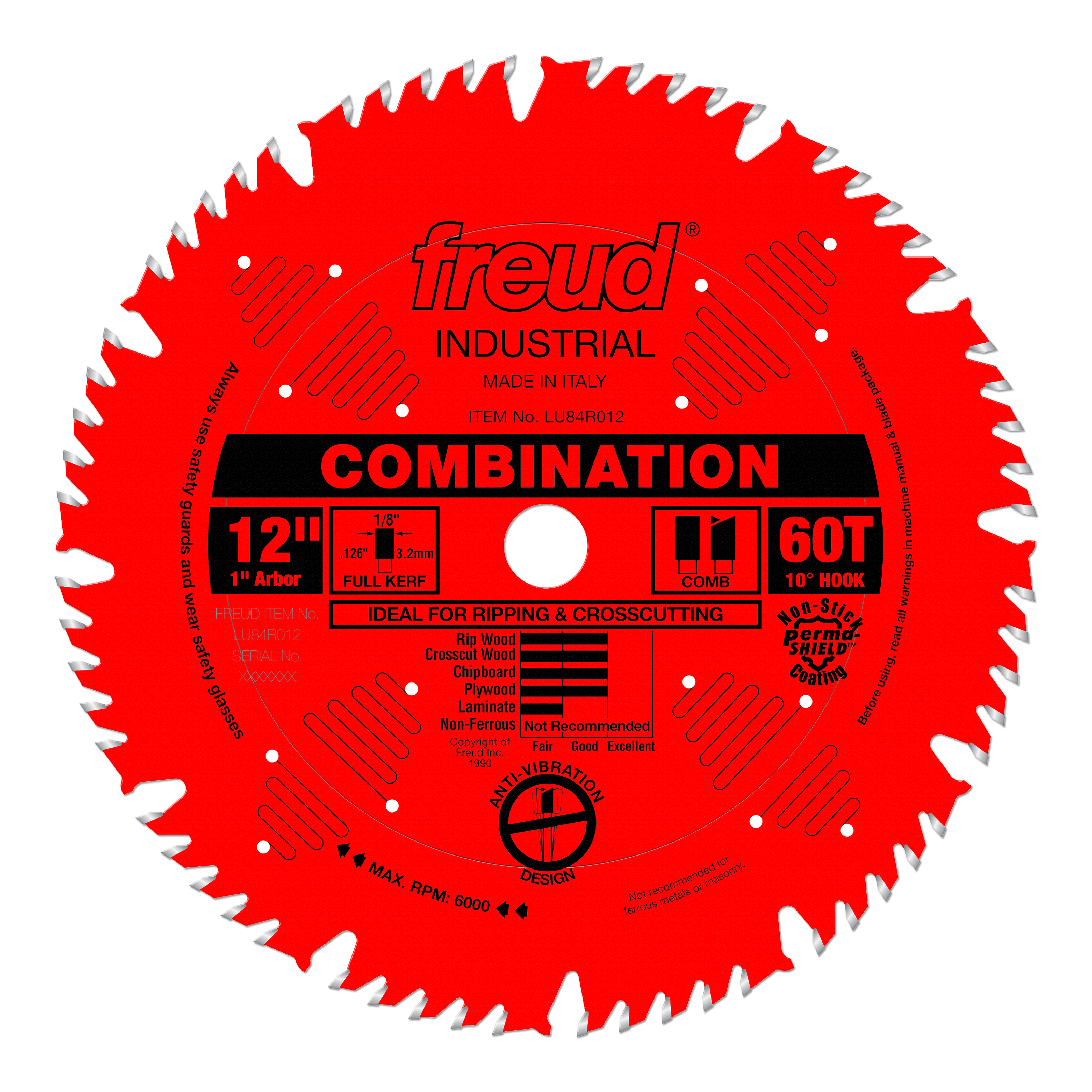 Red circular saw blade with 60 teeth, 12" diameter, combination blade, 1" arbor hole, labeled Freud Industrial.