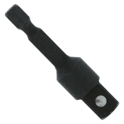 Black socket adapter with 1/4 inch square drive on one end and 1/4 inch hex socket on the other end.
