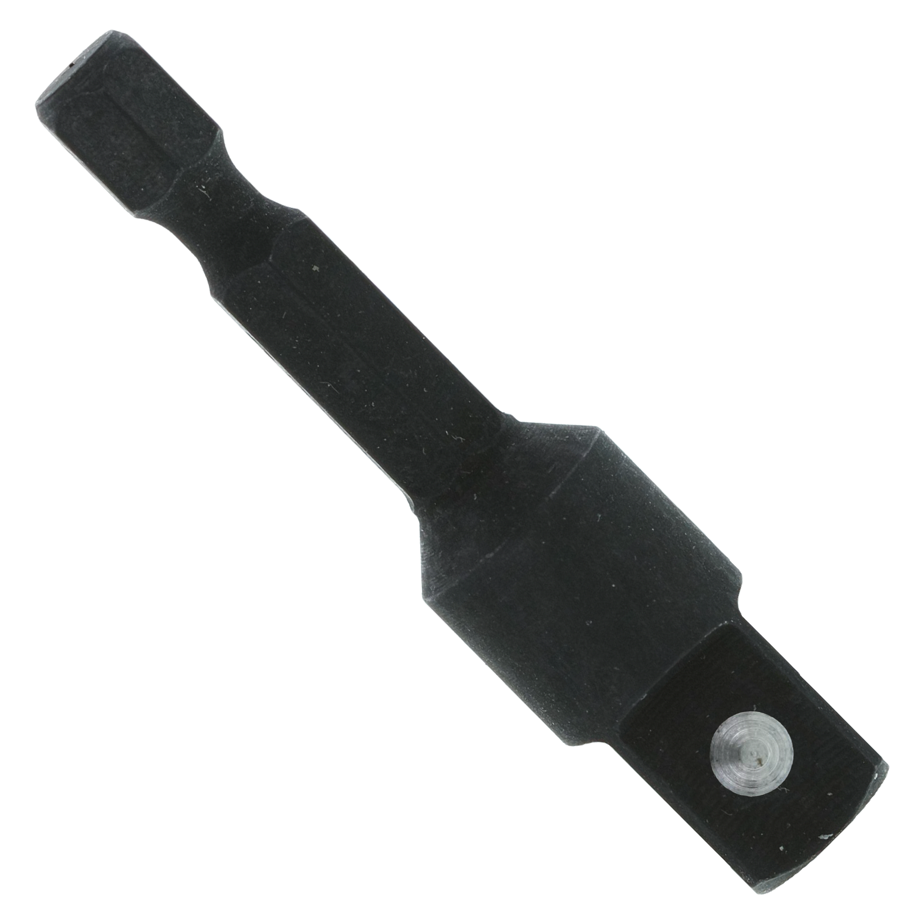 Black socket adapter with 1/4 inch square drive on one end and 1/4 inch hex socket on the other end.