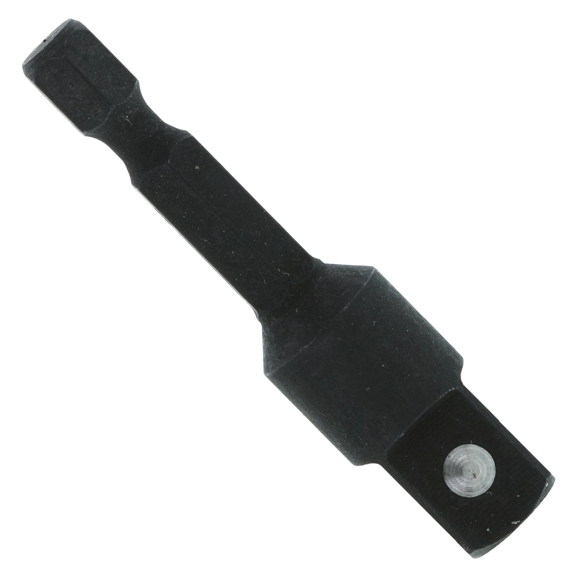 Black socket adapter with 1/4 inch square drive on one end and 1/4 inch hex socket on the other end.