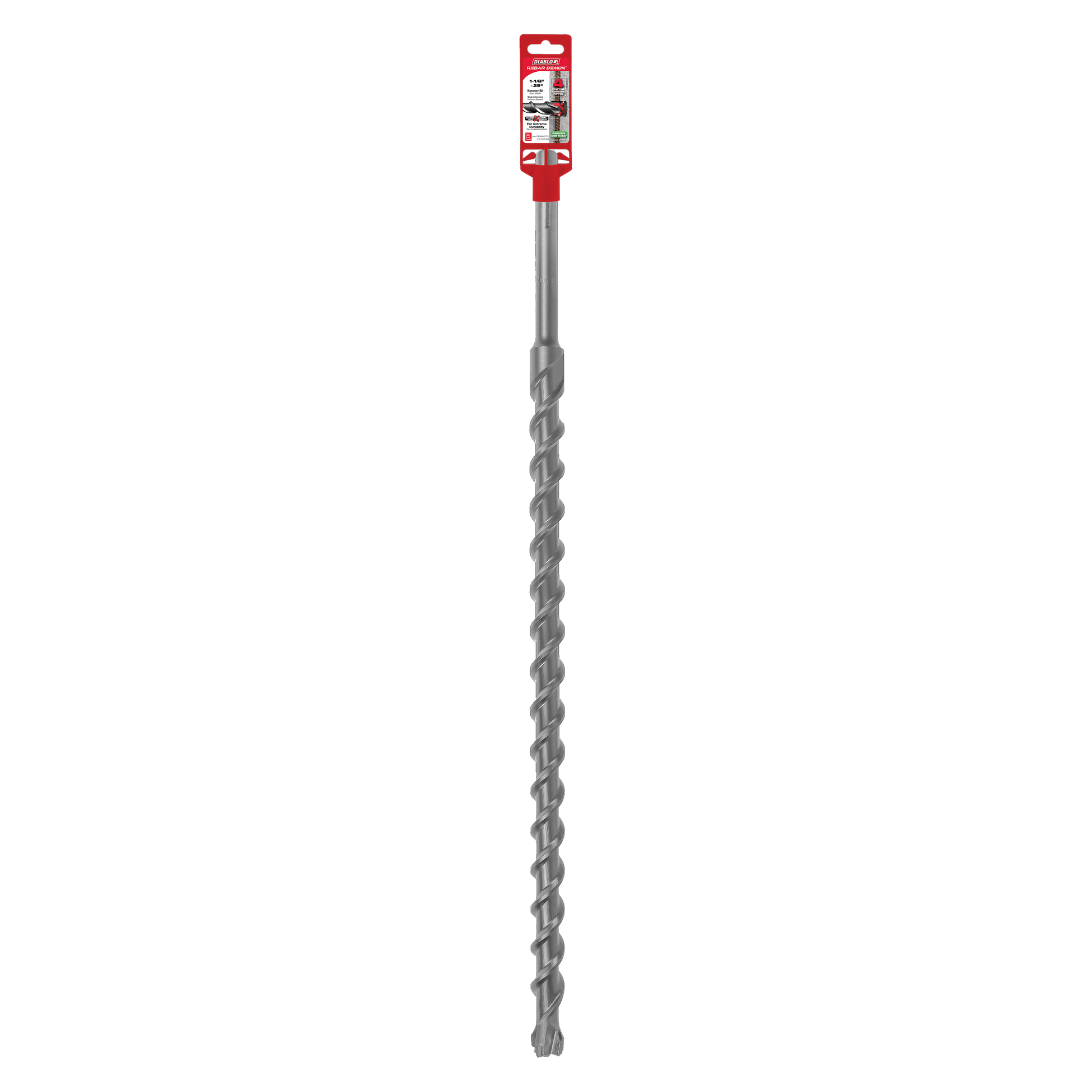 Long gray SDS-Max hammer drill bit with spiral flutes and red packaging label at top.