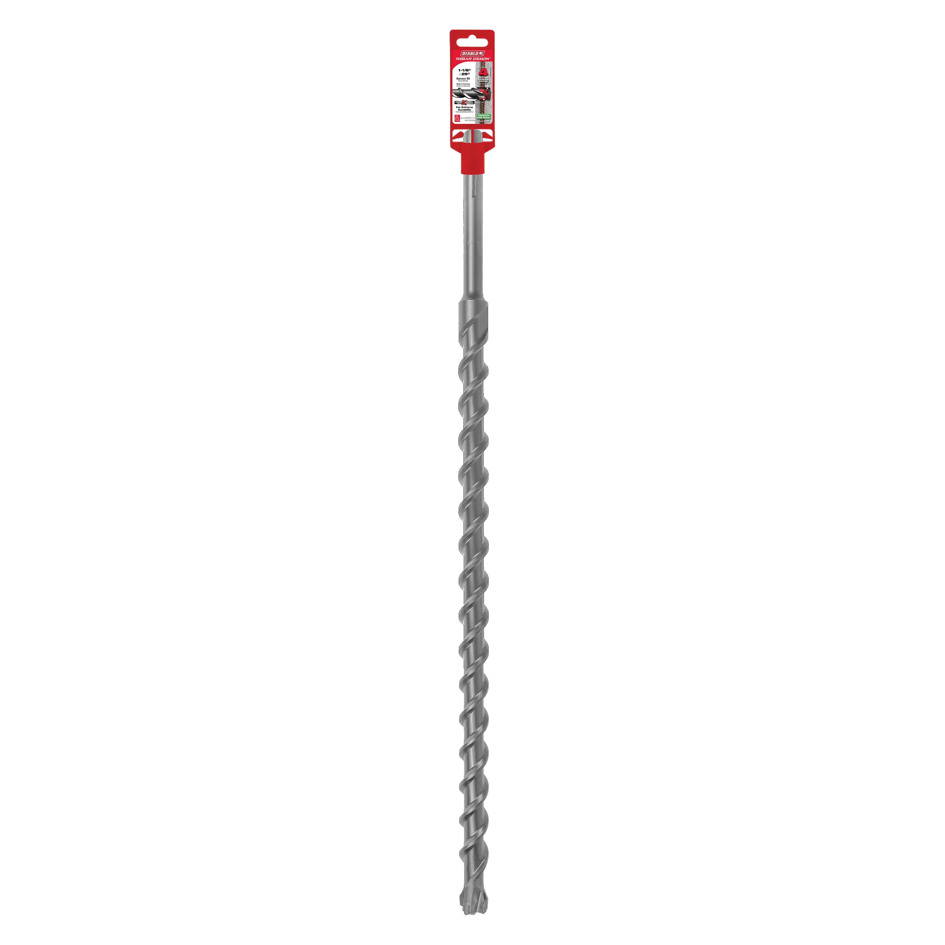 Long gray SDS-Max hammer drill bit with spiral flutes and red packaging label at top.
