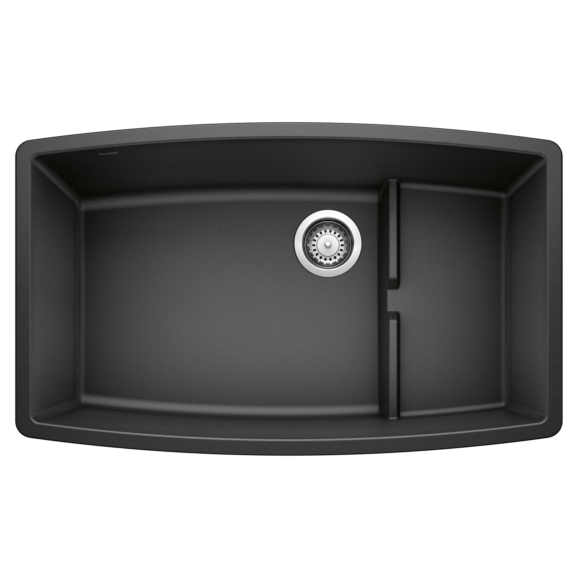 Black Silgranit undermount sink with single bowl, drain strainer, and curved interior walls, viewed from above.